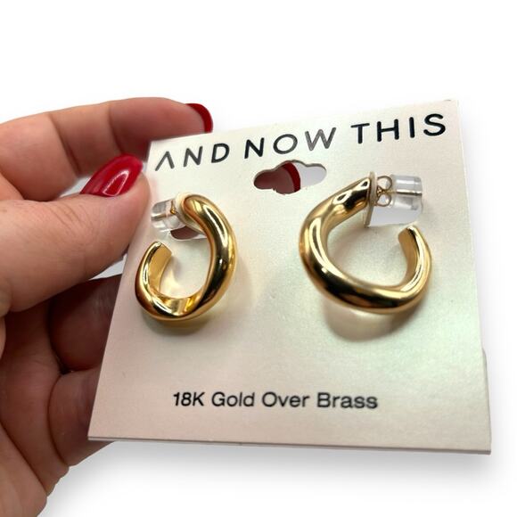 NWT Macy's 18K Gold Over Brass C Hoop Chunky Earrings And Now This NEW - Picture 2 of 7